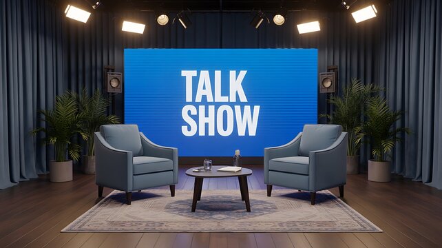 Modern talk show studio with chairs table cameras and professional lighting