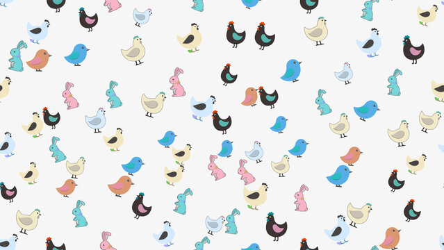 Seamless pattern of cartoon chickens, birds, and rabbits