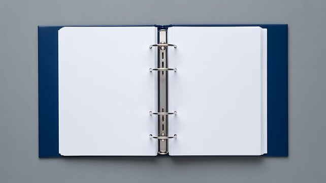 Open blank ring binder with empty white pages on a blue background