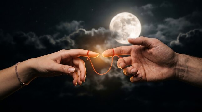 Two hands reaching out to connect, linked together by a delicate red string tied around their fingers under a glowing full moon night sky.