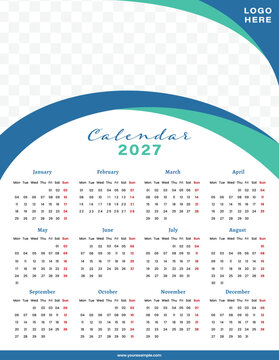 2027 Calendar Template Design with Monthly Grid and Image Placeholder.