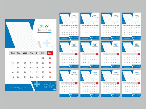 Medical-Themed 2027 Yearly Calendar Templates Design in Blue and White Theme with Image Placeholder.