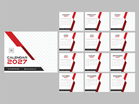 2027 Yearly Calendar Templates Design in Red and White Theme with Image Placeholder.