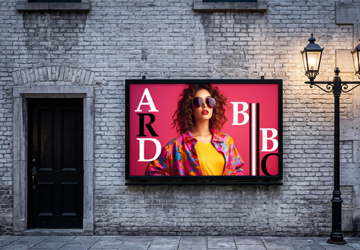 Horizontal outdoor billboard mockup on a vintage brick wall