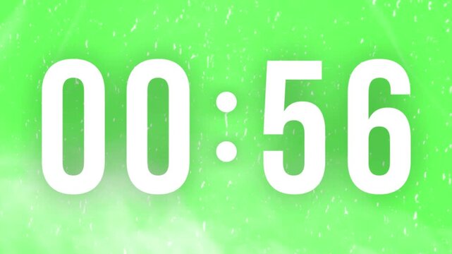 Timer displaying fifty six seconds clearly on a bright green digital screen chroma key backdrop ready for video editing and content production.
