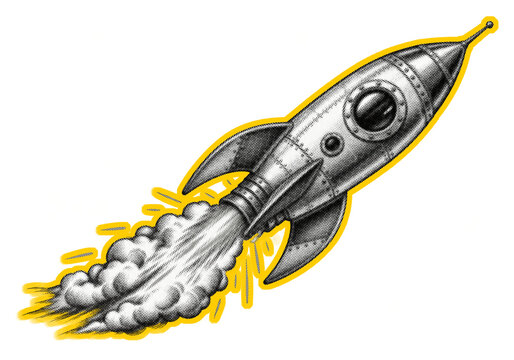 Hand drawn vintage rocket ship blasting off with a trail of thick smoke. Detailed pencil sketch graphic for space or startup business concepts. Transparent png cutout object.