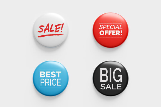 Retail sales promotion buttons offering special discounts