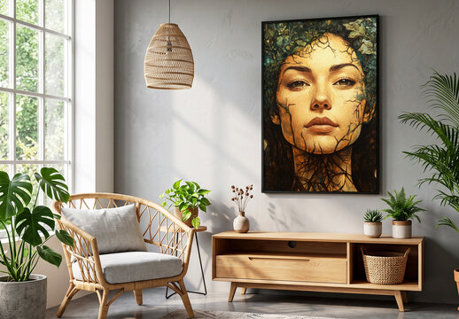 Poster Mockup Frame Hanging in Modern Boho Living Room