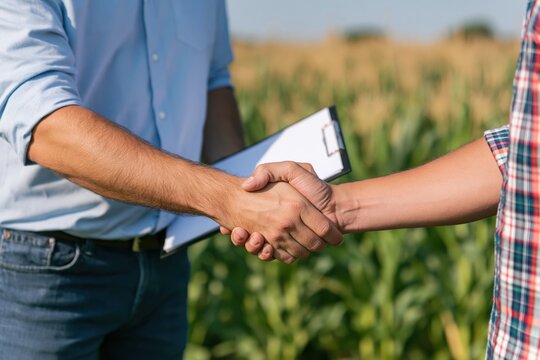 The handshake in agricultural partnership outdoors between two professionals in a field