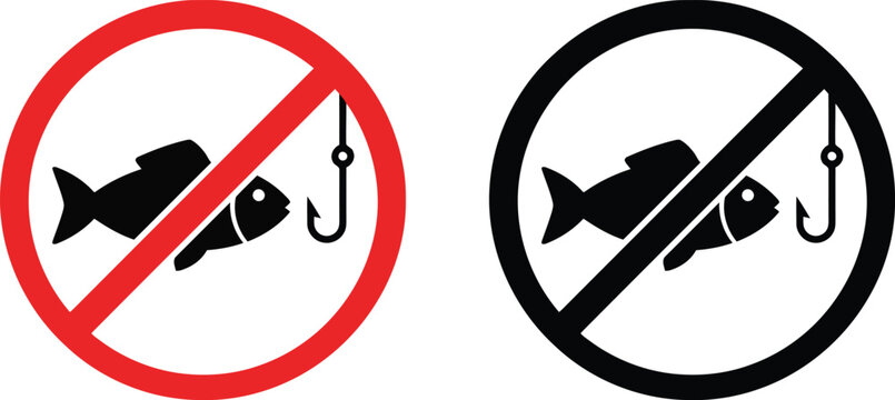 No fishing allowed sign with a fish and hook icon in red and black circular prohibition symbols