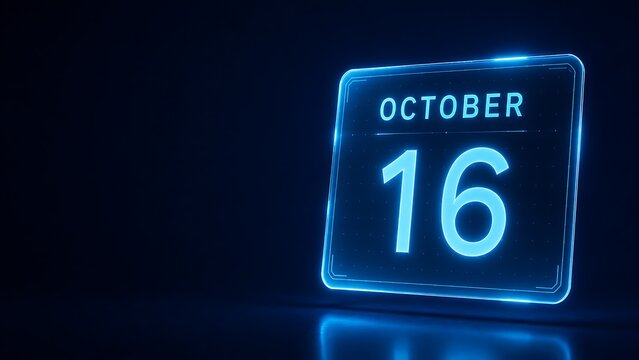 Neon glowing digital calendar displaying october 16th date in blue light with date marker monthly planner modern technology future date calendar screen abstract calendar luminous date neon sign