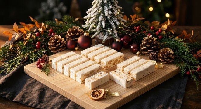 Traditional white almond nougat bars served on a wooden board with festive Christmas decorations, pine cones, and a snowy tree in a warm atmospheric holiday setting.