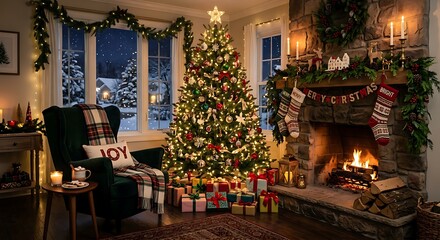 Fototapeta premium Festive Outdoor Winter Wonderland: Snow-Covered House with Christmas Sparkle