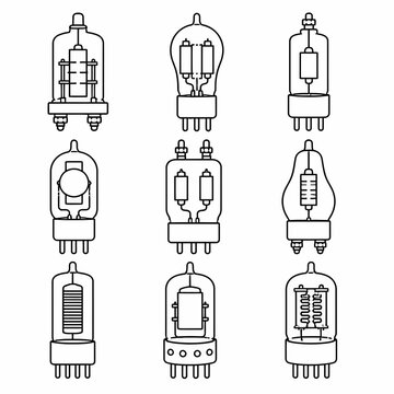 Vacuum tube line icon collection for vintage electronics