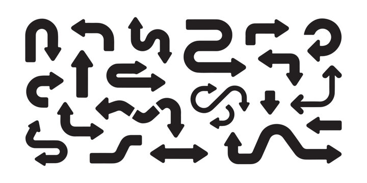 Diverse collection of curved and straight black arrows for web and interface design.