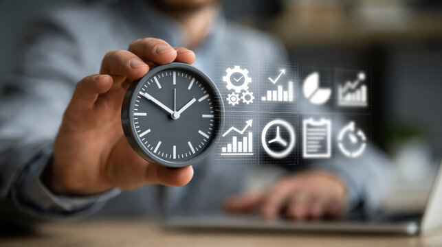 Business professional holding clock with digital analytics icons, symbolizing time management, productivity, and performance planning office