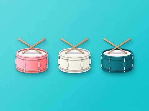 Three colorful snare drums with drumsticks arranged on a bright teal background