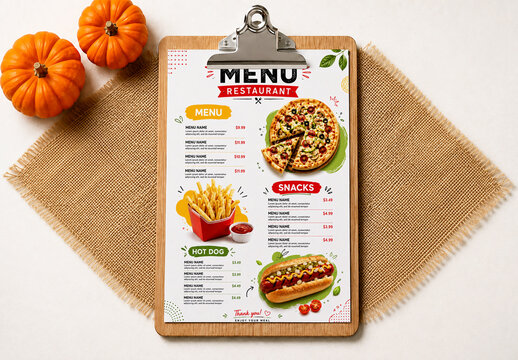 Restaurant Menu Clipboard Mockup with Autumn Pumpkins Top View
