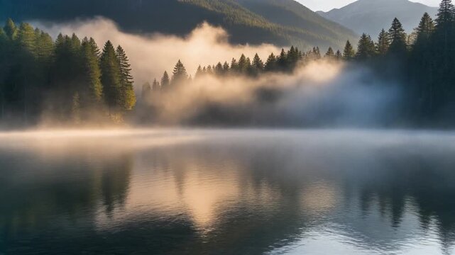 Misty morning at sankt moritz lake with alpine forest reflection