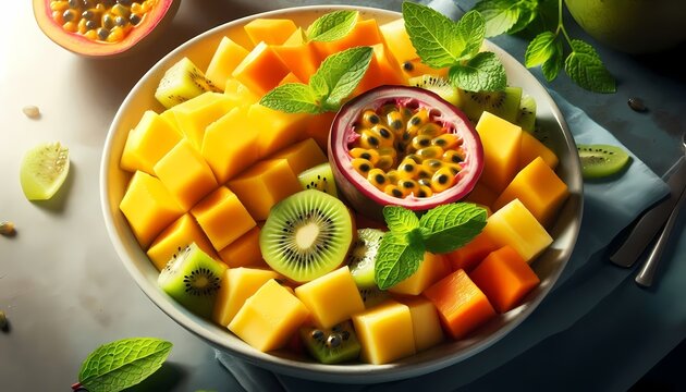 A vibrant close-up of a bowl of tropical fruit salad, with mango, papaya, pineapple, kiwi, and passion fruit, garnished with fresh mint, Ai generated image