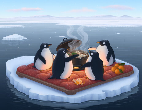 Whimsical penguins cooking together on an ice floe in a cozy fantasy winter scene
