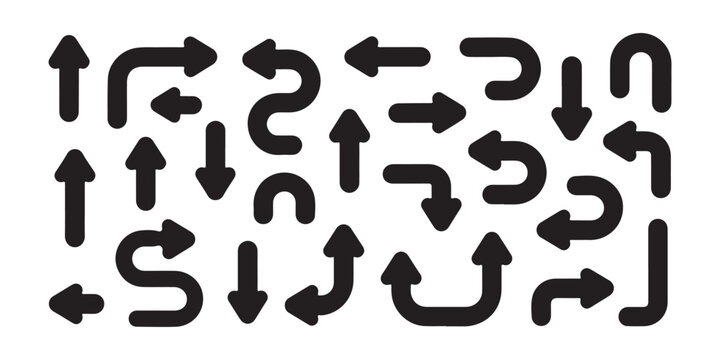 Assorted black arrow icons with various curves and directions on a transparent grid.