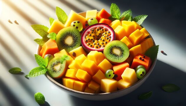 A vibrant close-up of a bowl of tropical fruit salad, with mango, papaya, pineapple, kiwi, and passion fruit, garnished with fresh mint, Ai generated image