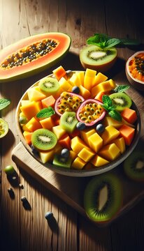 A vibrant close-up of a bowl of tropical fruit salad, with mango, papaya, pineapple, kiwi, and passion fruit, garnished with fresh mint, Ai generated image