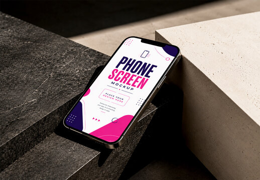 Smartphone Screen Mockup on Geometric Stone Pedestal Blocks