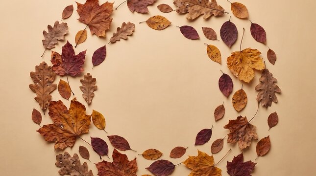 Circular frame of colorful autumn leaves arranged on solid light beige studio background.