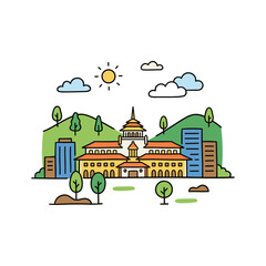 Fototapeta premium Bandung Gedung Sate landmark vector illustration with hills and city skyline