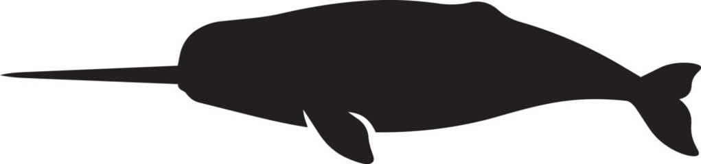 Solid black silhouette of a narwhal swimming, side profile view of an arctic whale with a long tusk © Tanzina_Rahman