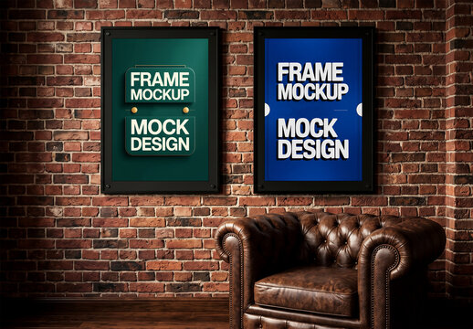 Two poster frames mockup on a brick wall in loft interior