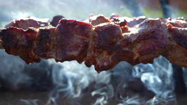Close-up of grilled meat skewer. Charred exterior shows cooking progress. White smoke rises from the heat. Juicy meat appears tender and fresh. Ideal for food advertising or cooking demonstrations