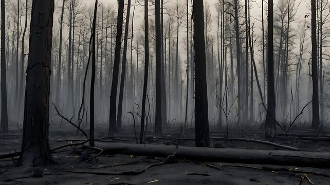 Charred tropical forest after a wildfire, with blackened trees, ash-covered ground and lingering smoke showing severe environmental damage.