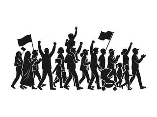 Obraz premium Crowd of diverse people marching together silhouette, protesting or celebrating with flags, family, children, and raised fists in unity, community demonstration concept