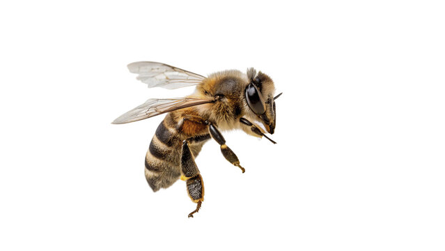 Detailed wildlife macro photograph of honey bee insect flying dynamically mid air