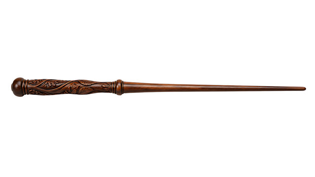 Ornate carved wooden wand with decorative handle and long tapered shaft fantasy magic prop object isolated on a transparent background