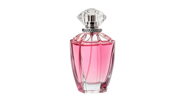Elegant pink glass perfume bottle with crystal cap luxury cosmetic product mockup