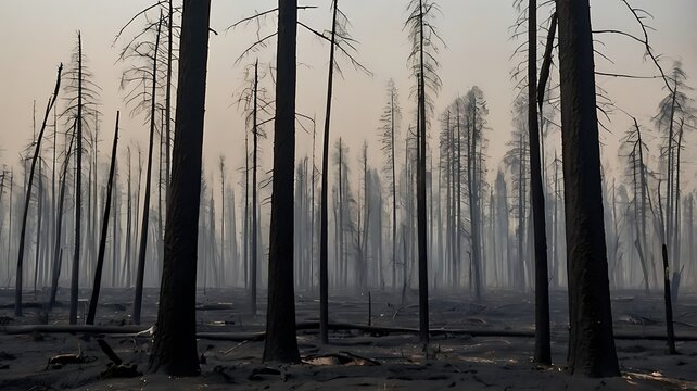 Charred tropical forest after a wildfire, with blackened trees, ash-covered ground and lingering smoke showing severe environmental damage.
