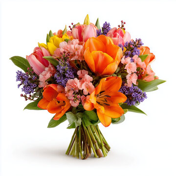 Colorful Roses Flower Bouquet Gift Wrapped Isolated on White Background