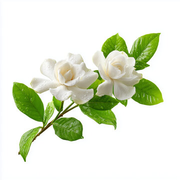 White Jasmine Branch Flowers Leaves Isolated on White Background