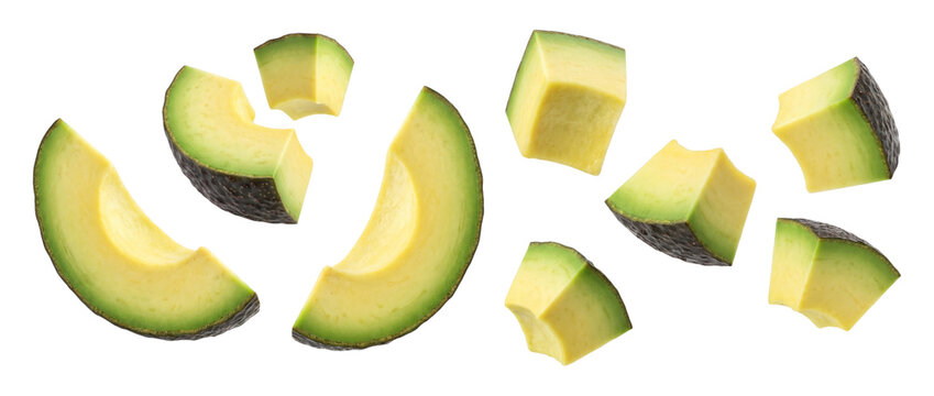 Falling avocado slices and cubes isolated on transparent background