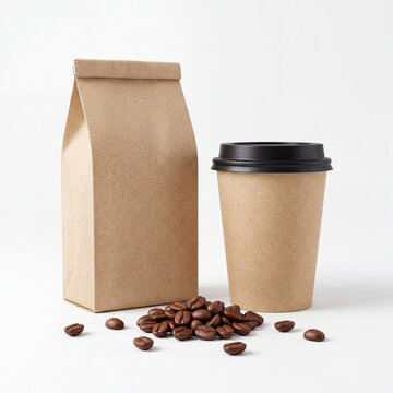 Kraft Coffee Bag and Cup Mockup with Foreground Coffee Beans