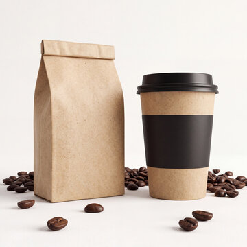 Premium Coffee Packaging Mockup with Scattered Coffee Beans