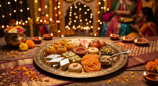 Assortment of traditional Indian Diwali sweets mithai on a decorative brass plate with festive lights in the background.