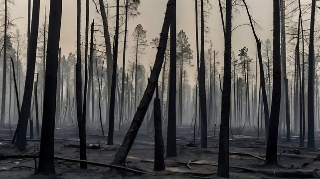 Charred tropical forest after a wildfire, with blackened trees, ash-covered ground and lingering smoke showing severe environmental damage.
