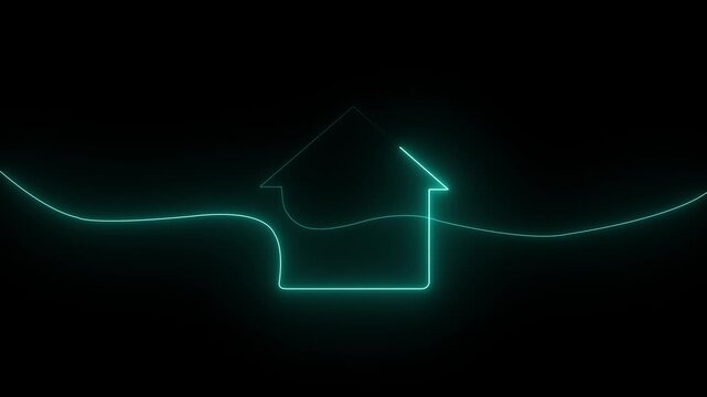 Glowing neon line home animation.Glowing neon line Map pointer with house icon isolated on black background.