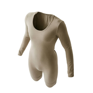 Beige bodysuit featuring scoop neckline and smooth second skin fabric isolated on a transparent background for fashion retail