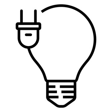 Icono con dibujo sencillo con l&iacute;neas de una bombilla con un cable el&eacute;ctrico y un enchufe en su exterior 